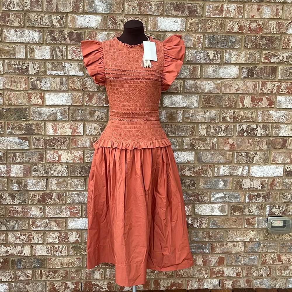 ULLA JOHNSON Madeline ruffled smocked cotton-jersey midi dress size 8 - Picture 10 of 11